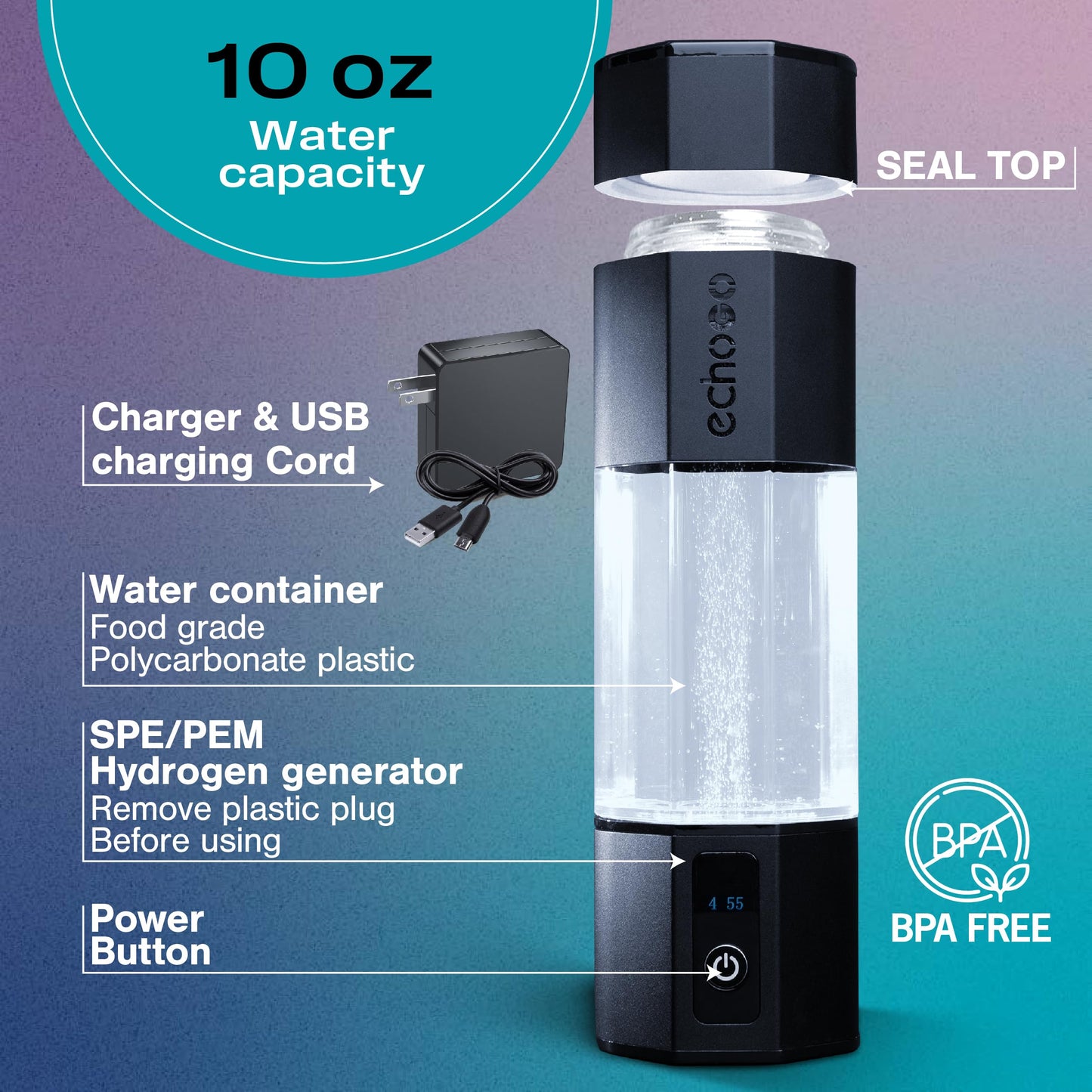 Echo Go+ Hydrogen Water Bottle - Water Ionizer Up to 4.5PPM - SPE & PEM Hydrogen Water Generator - Gary Brecka Recommended - Alternative to Hydrogen Water Pitcher - Black Hydrogenated Water Bottle