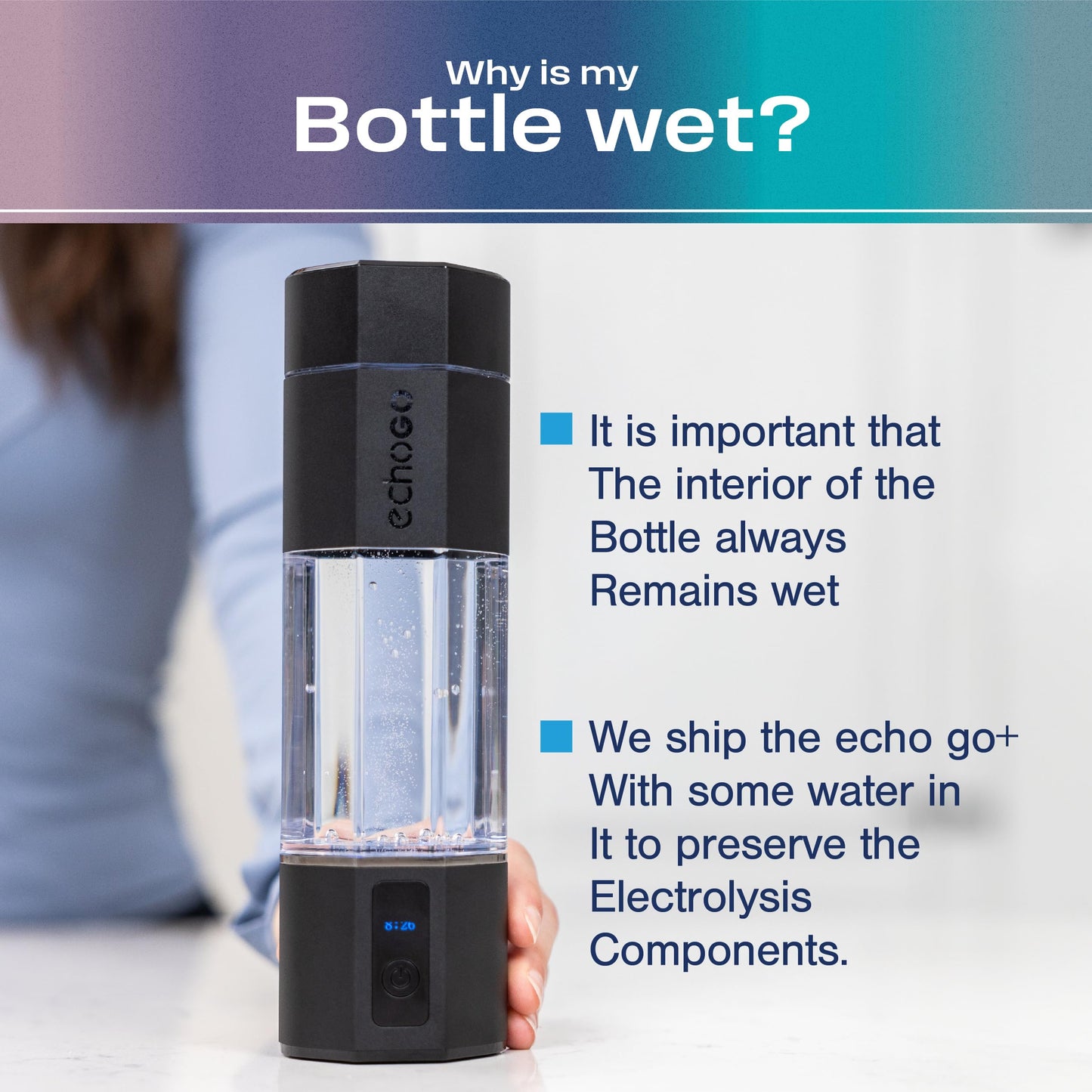 Echo Go+ Hydrogen Water Bottle - Water Ionizer Up to 4.5PPM - SPE & PEM Hydrogen Water Generator - Gary Brecka Recommended - Alternative to Hydrogen Water Pitcher - Black Hydrogenated Water Bottle