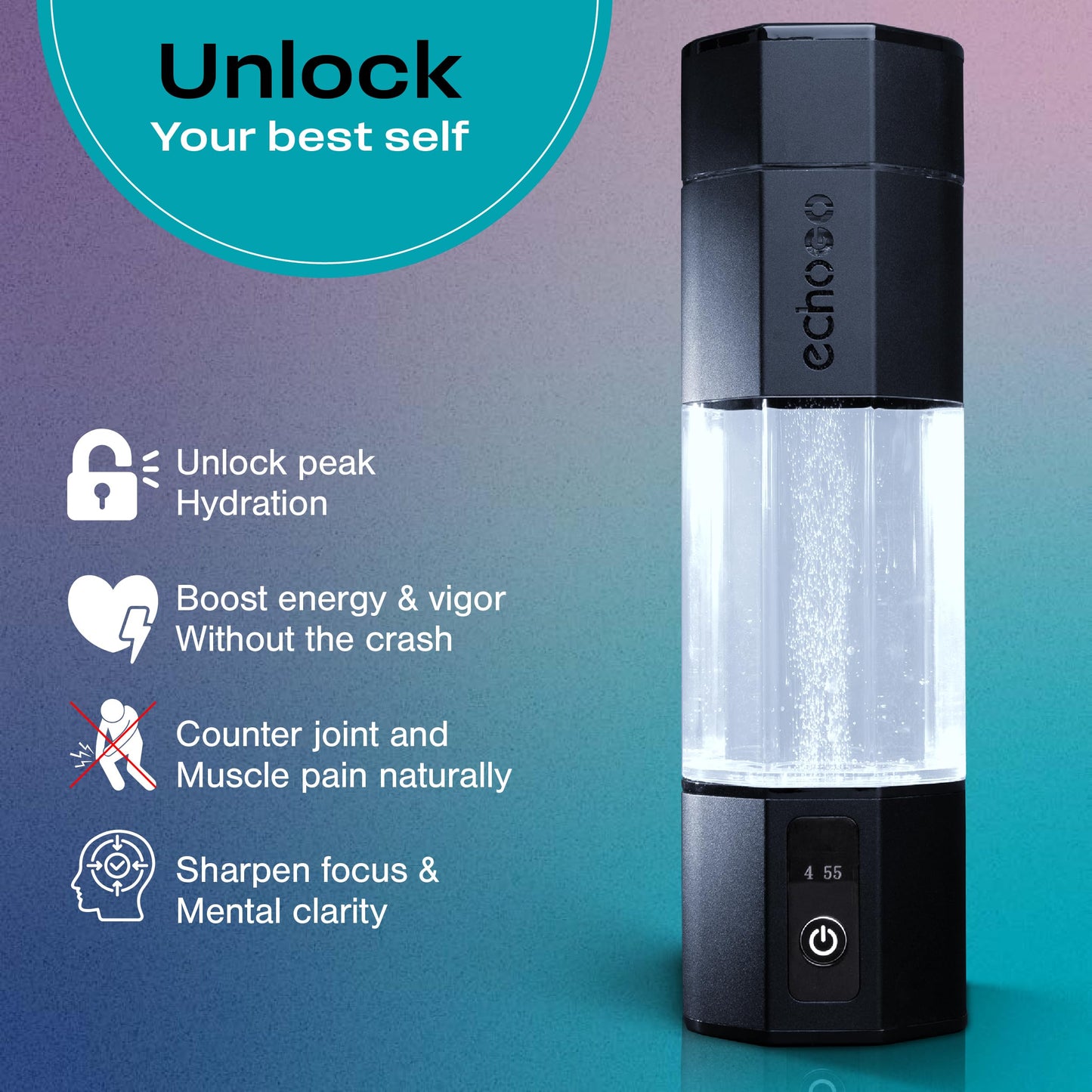 Echo Go+ Hydrogen Water Bottle - Water Ionizer Up to 4.5PPM - SPE & PEM Hydrogen Water Generator - Gary Brecka Recommended - Alternative to Hydrogen Water Pitcher - Black Hydrogenated Water Bottle